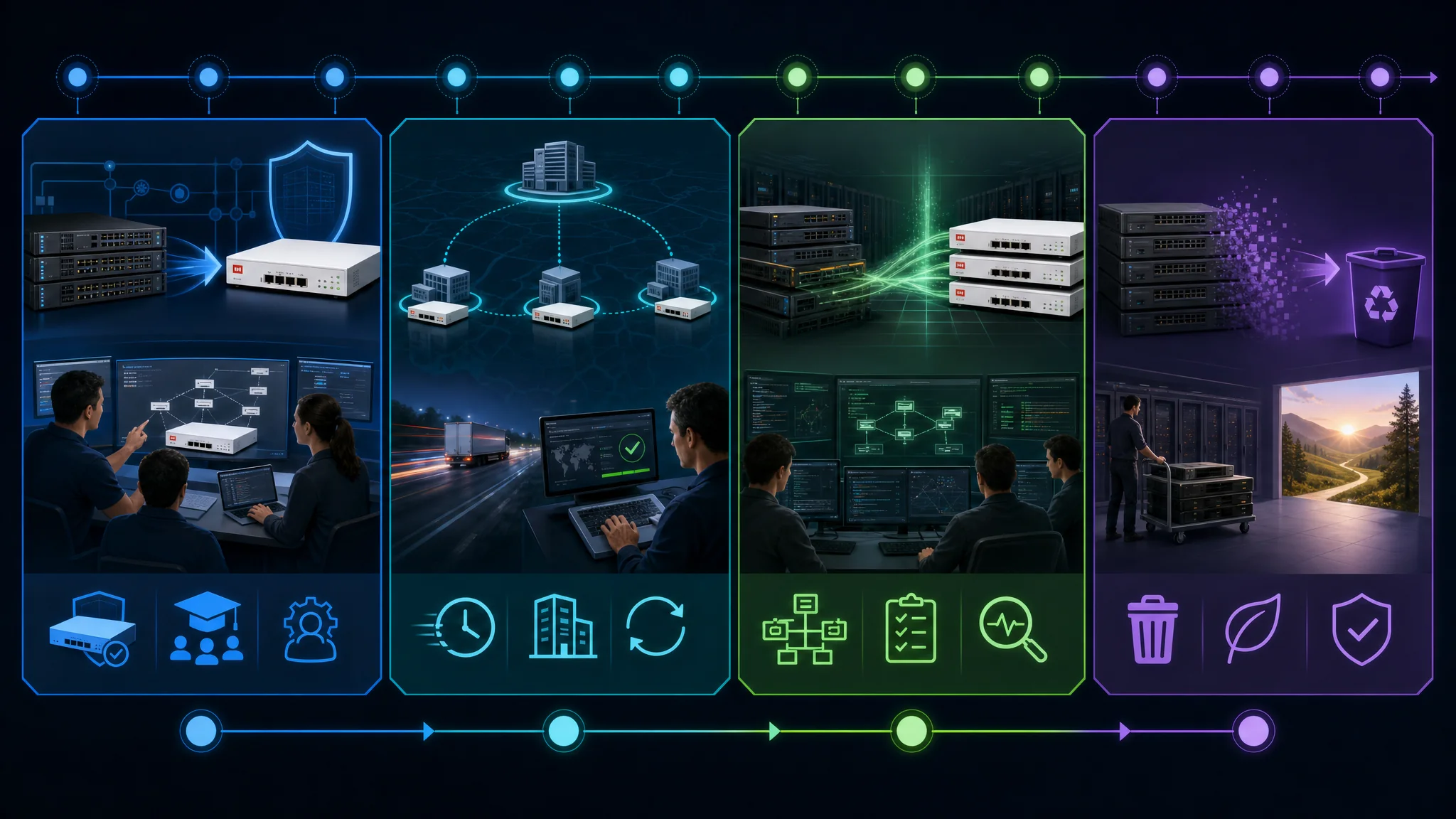টাইমলাইন চিত্র যা Cisco থেকে Fortinet নেটওয়ার্ক সিকিউরিটিতে ১২ মাসের পর্যায়ক্রমিক মাইগ্রেশন দেখায়, যেখানে মাস ১ থেকে ২ এ পাইলট স্থাপন, মাস ৩ থেকে ৬ এ শাখা রোলআউট, মাস ৭ থেকে ৯ এ ডেটা সেন্টার কাটওভার, এবং মাস ১০ থেকে ১২ এ চূড়ান্ত অবসান অন্তর্ভুক্ত।