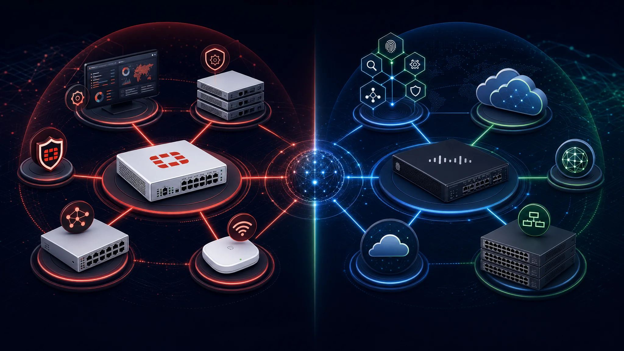 তুলনামূলক চিত্র যা Fortinet Security Fabric পণ্য ইকোসিস্টেম দেখায় যার মধ্যে FortiGate, FortiSwitch, FortiManager, এবং FortiAP অন্তর্ভুক্ত, বিপরীতে Cisco Secure ইকোসিস্টেম যার মধ্যে Firepower, Catalyst, SecureX, এবং Umbrella রয়েছে