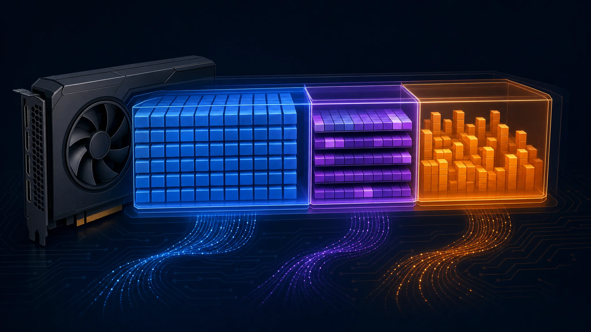 আলাদা memory allocation বোঝানো নীল, বেগুনি ও কমলা block-এর পাশে একটি graphics card-এর চিত্র
