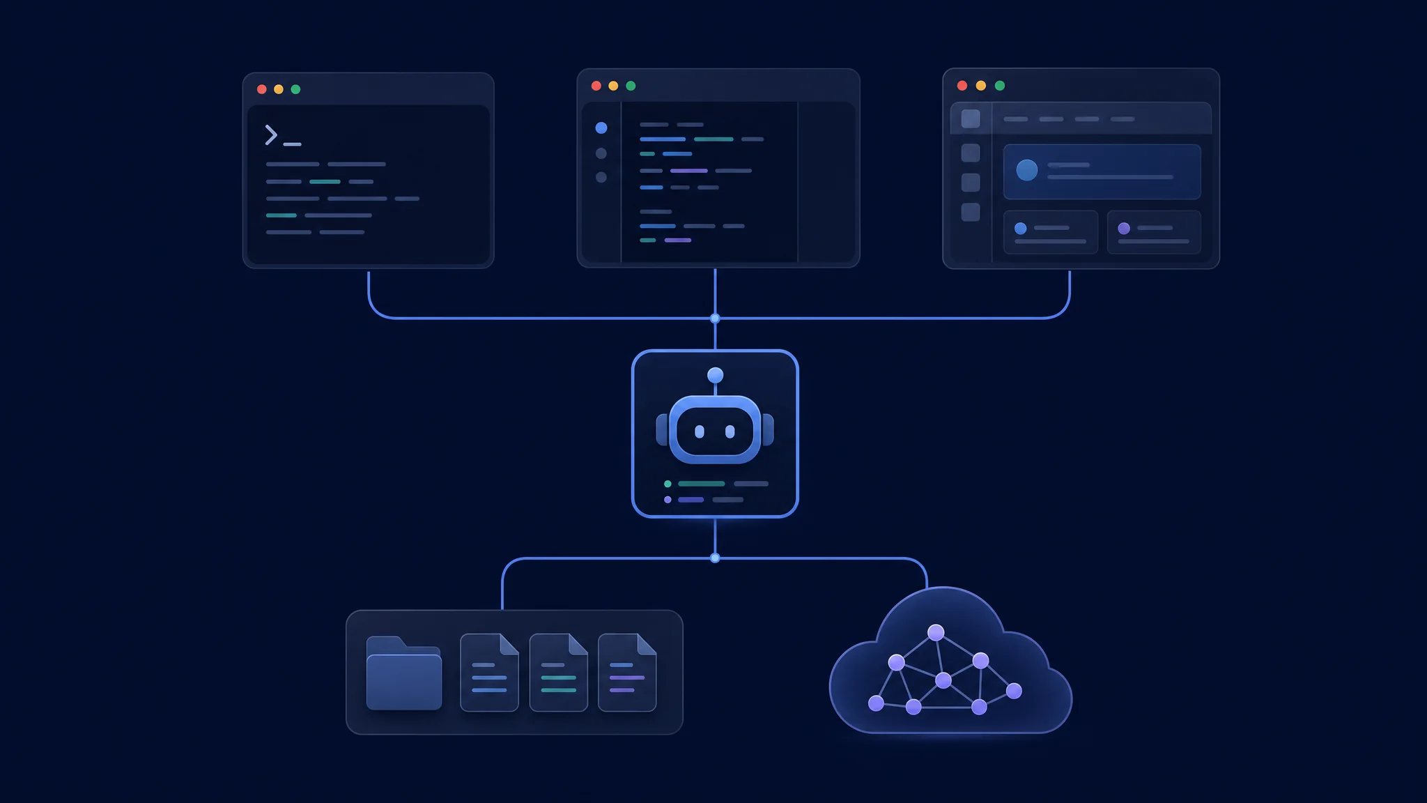 Agent server, repository files এবং আলাদা inference service-এর সঙ্গে যুক্ত terminal ও desktop client