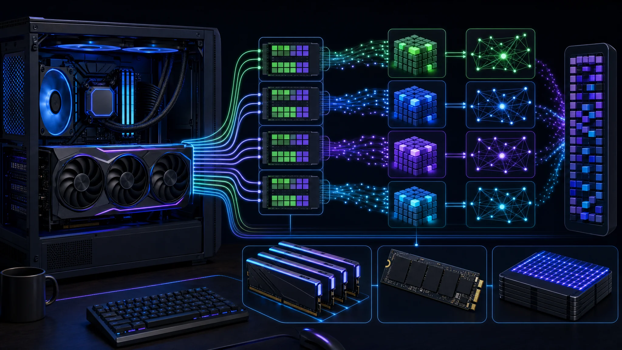 একটি লোকাল workstation GPU, system memory ও solid-state storage-এর মধ্যে model execution ভাগ করছে এমন চিত্র