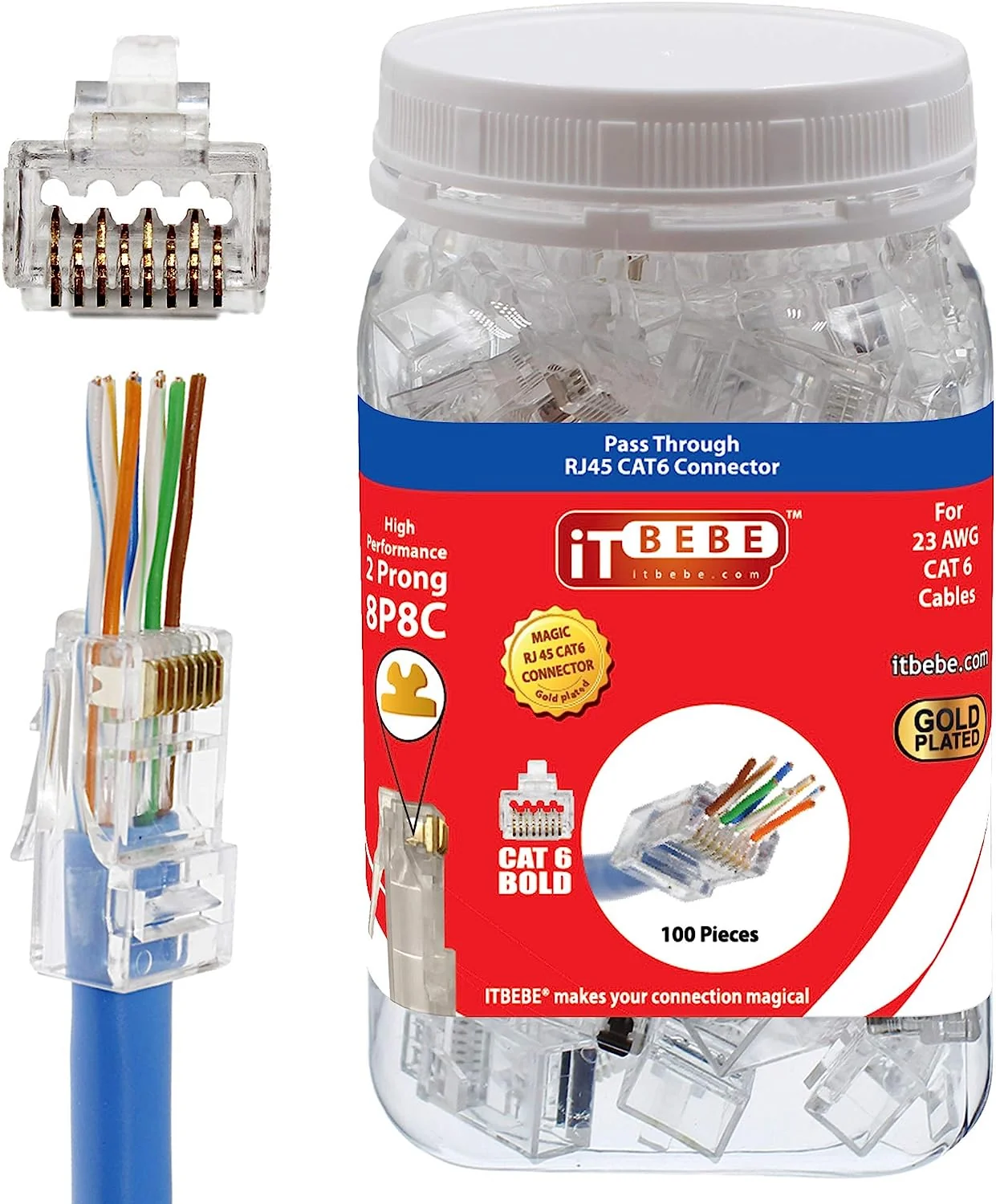 ITBEBE ৫০ পিস গোল্ড প্লেটেড এন্ড পাস থ্রু RJ45 Cat6