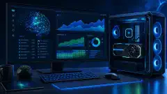 মনিটরে বিমূর্ত চার্ট ও neural network গ্রাফিকসহ একটি desktop GPU workstation-এর চিত্র