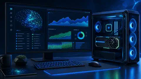মনিটরে বিমূর্ত চার্ট ও neural network গ্রাফিকসহ একটি desktop GPU workstation-এর চিত্র
