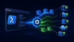 একটি চিত্র যেখানে একটি স্টাইলাইজড PowerShell টার্মিনাল এবং এর চারপাশে বিমূর্ত প্রতীক রয়েছে, যা কনফিগারেশন ম্যানেজমেন্ট এবং অটোমেশনকে প্রতিনিধিত্ব করে, গভীর নেভি ব্যাকগ্রাউন্ডে স্থাপিত।