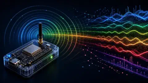 একটি চিত্র যেখানে একটি ESP32-ভিত্তিক ডিভাইস সামনে দেখা যাচ্ছে, WiFi সংকেত স্ক্যান করছে। রঙিন তরঙ্গ বিভিন্ন সংকেত শক্তি উপস্থাপন করছে, একটি গাঢ় পটভূমির বিপরীতে।