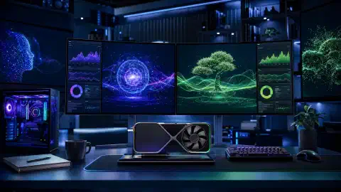 স্থানীয় AI মডেল, GPU মেমরি ব্যবহার এবং কোডিং এজেন্টের কনটেক্সট উইন্ডো দেখানো একটি ওয়ার্কস্টেশন
