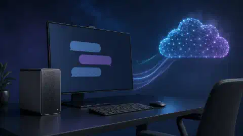 দৃশ্যমান data path দিয়ে cloud service-এ যুক্ত একটি local AI workstation
