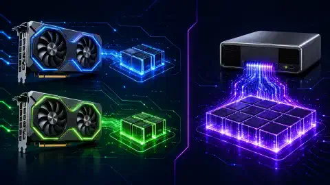 বাম পাশে দুটি NVIDIA RTX 5060 Ti গ্রাফিক্স কার্ড এবং ডান পাশে একটি NVIDIA GB10 সিস্টেম দেখানো একটি চিত্র, গাঢ় পটভূমিতে উজ্জ্বল রঙে উভয়টি হাইলাইট করা।